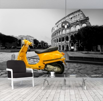 Picture of Yellow vintage scooter on the background of Coliseum